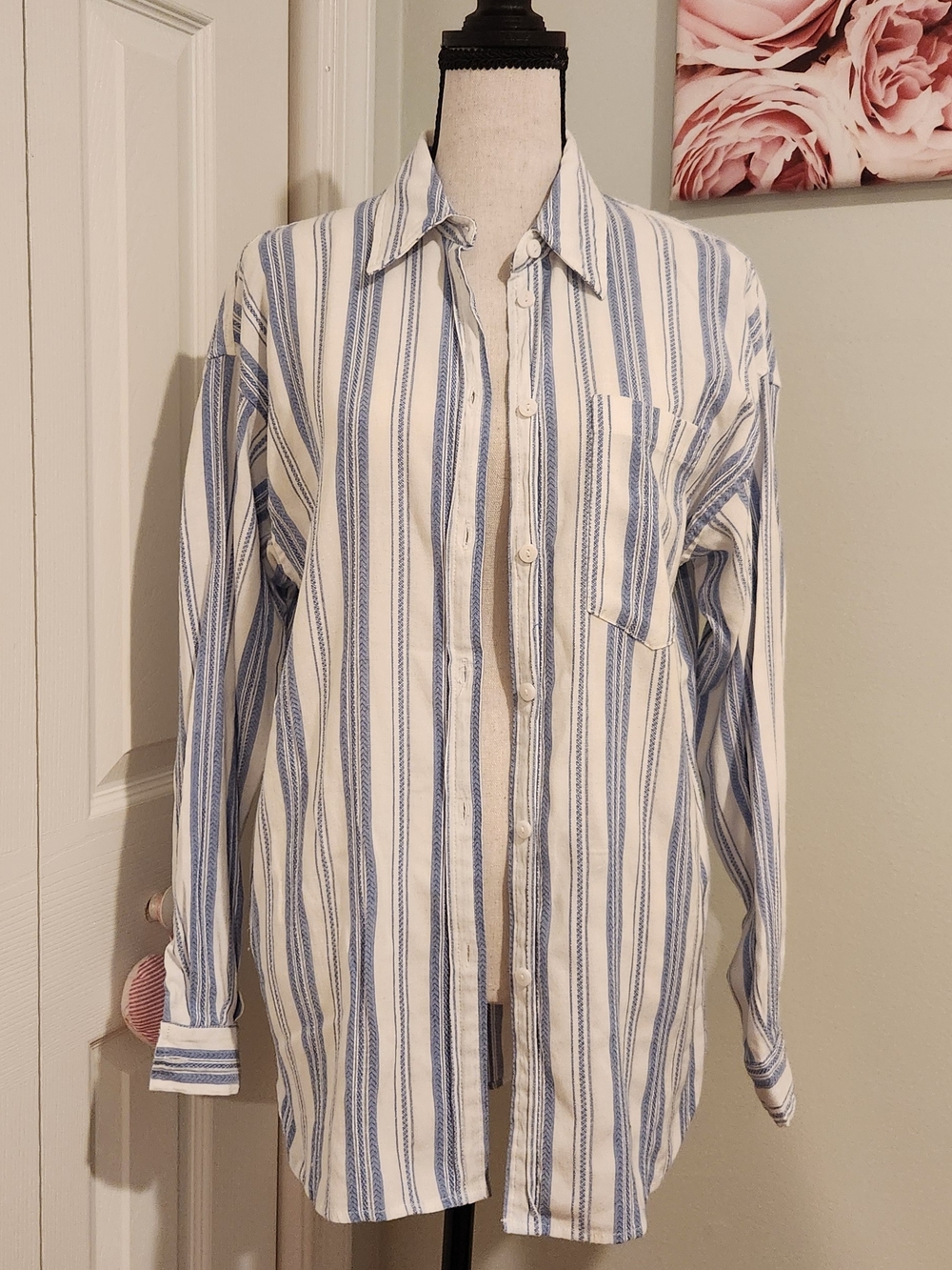 Molly Bracken White and Blue Vertical Stripe Button-Down Shirt